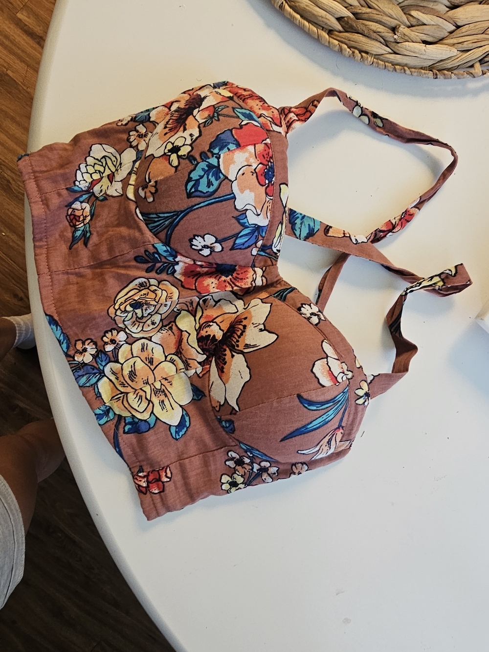 Floral Bustier Crop Top in Rust with Blue Accents